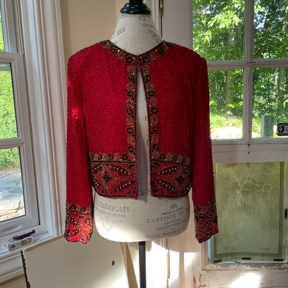 Vintage Red Beaded Laurence Kazar Silk Coat